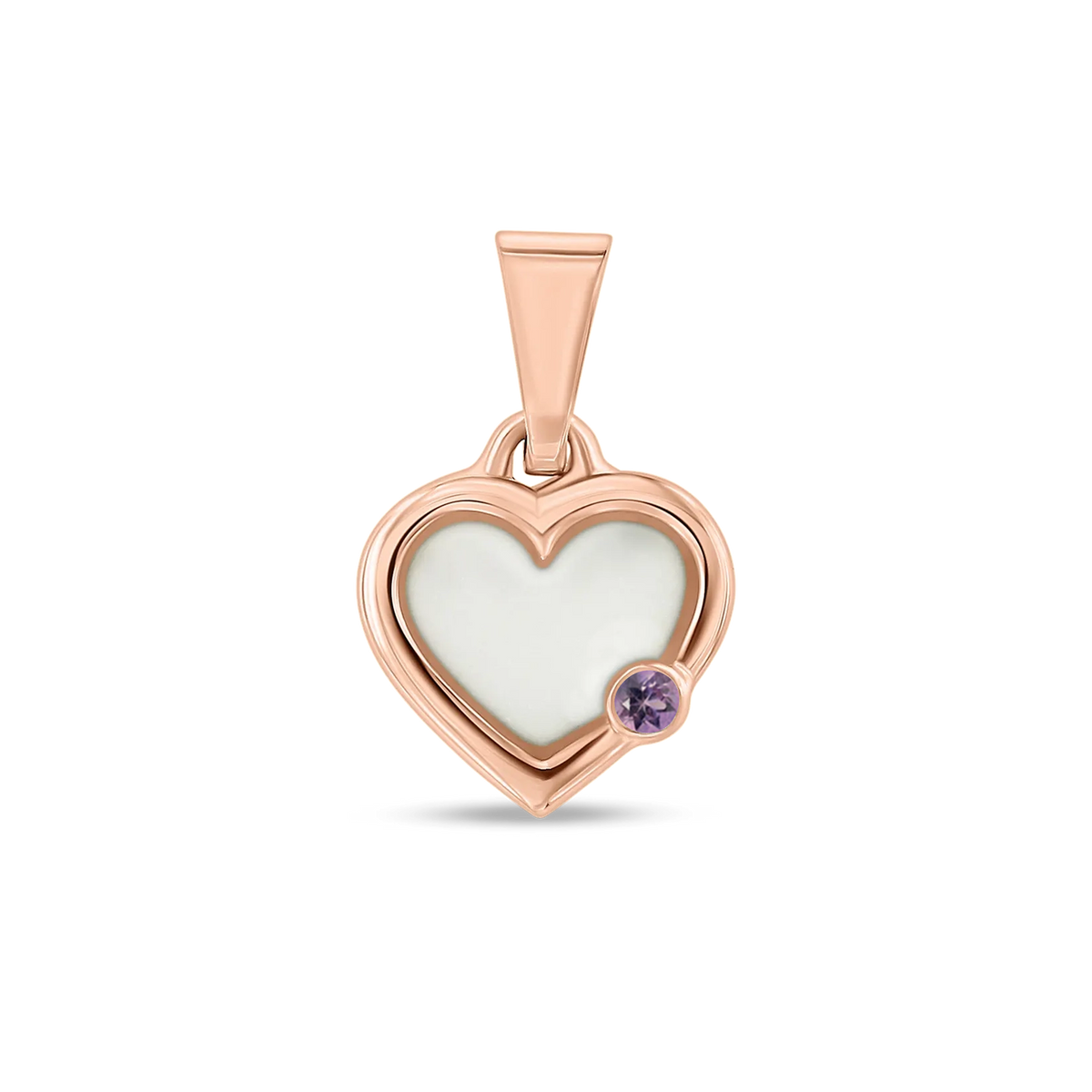 Pendentif cœur Esmée en or rose rempli de lait maternel, avec une améthyste en bas à droite