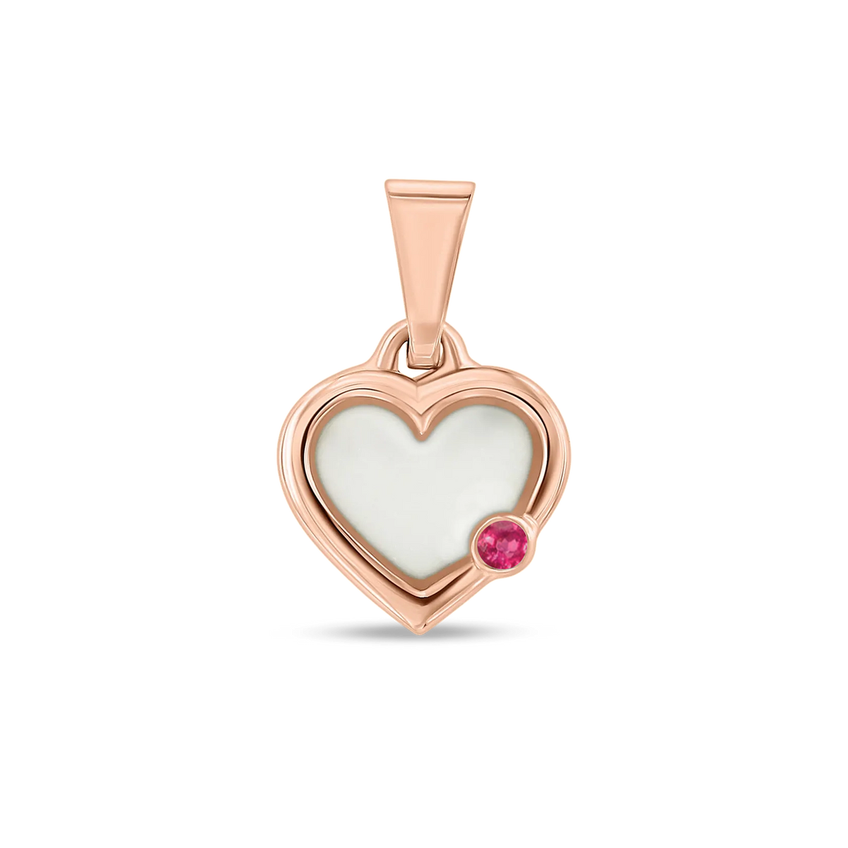 Pendentif cœur Esmée en or rose rempli de lait maternel, avec un rubis en bas à droite