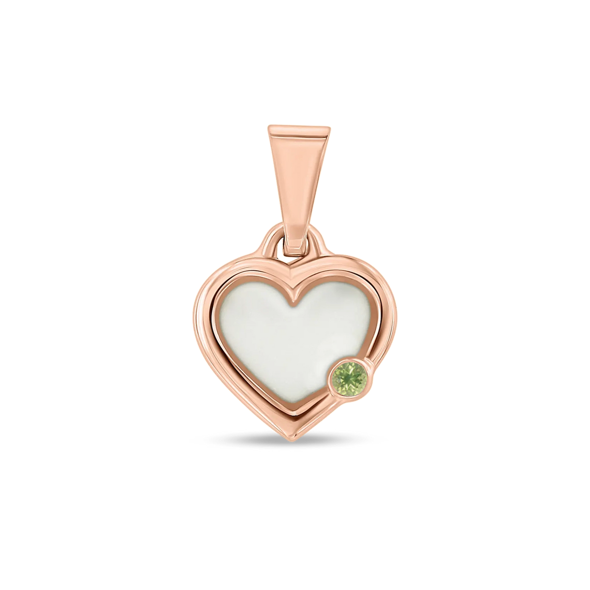 Pendentif cœur Esmée en or rose rempli de lait maternel, avec un péridot en bas à droite