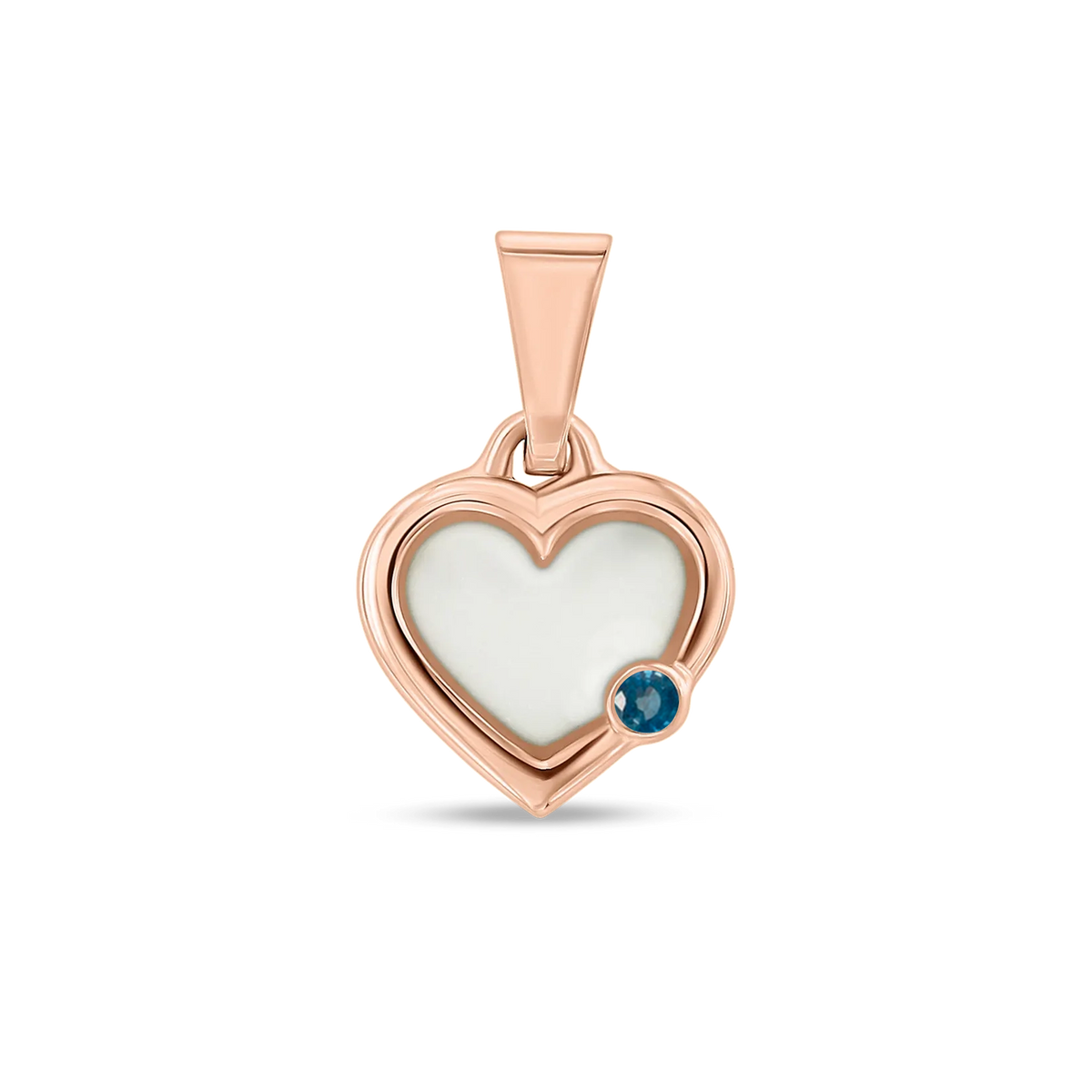 Pendentif cœur Esmée en or rose rempli de lait maternel, avec un saphir en bas à droite