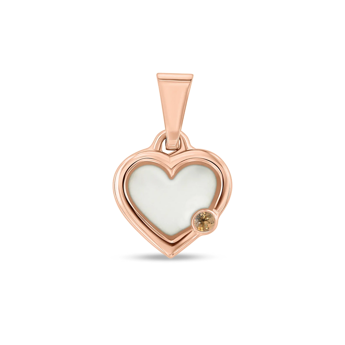 Pendentif cœur Esmée en or rose rempli de lait maternel, avec une citrine en bas à droite