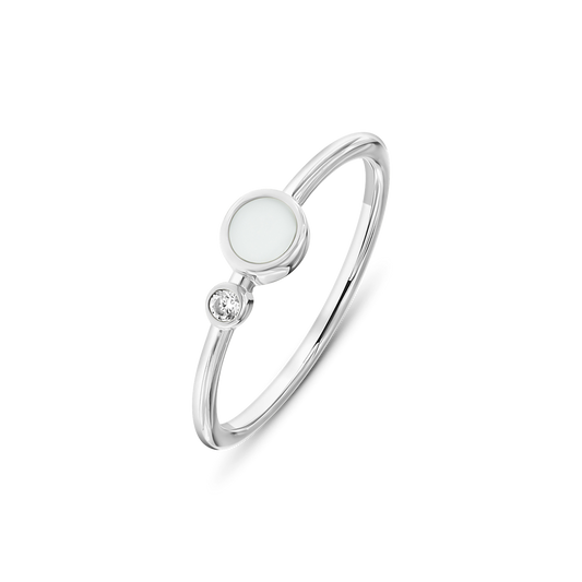 Bague en argent 925 avec une surface en résine contenant du lait maternel et un zircon brillant.