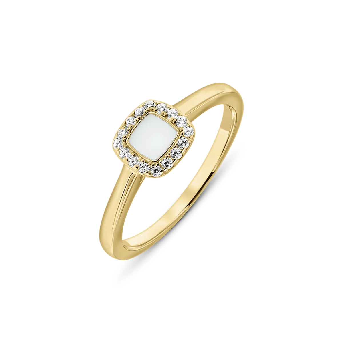 Bague Lara en or jaune, pierre de lait maternel carrée entourée de petites pierres claires