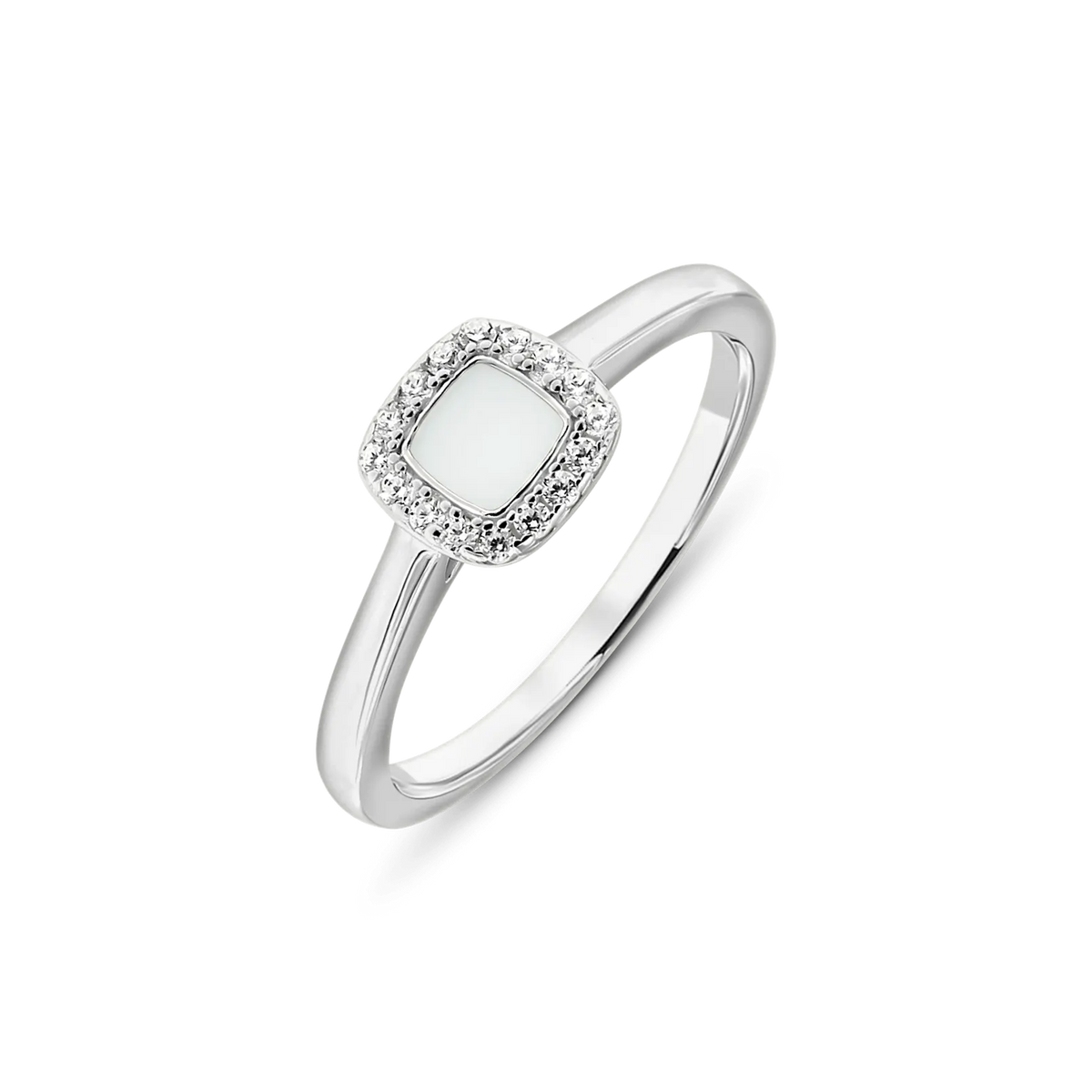 Bague Lara en or blanc, pierre de lait maternel carrée entourée de petites pierres claires