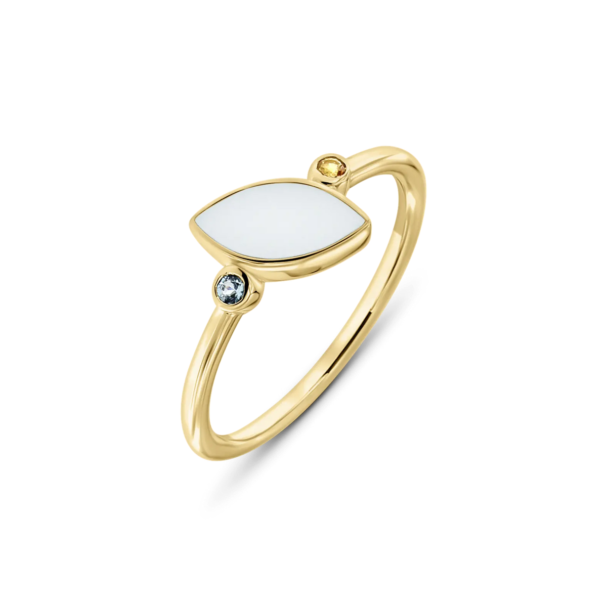 Bague Lina Duo en or jaune, pierre de lait maternel en navette et deux pierres de naissance