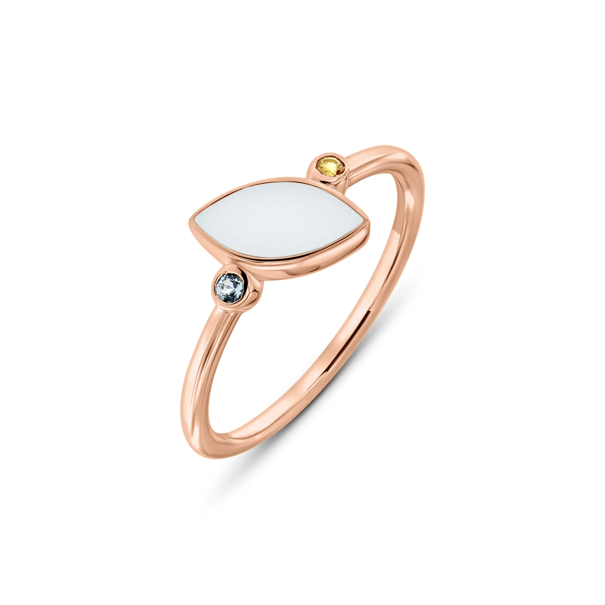 Bague Lina Duo en or rose, pierre de lait maternel en navette et deux pierres de naissance