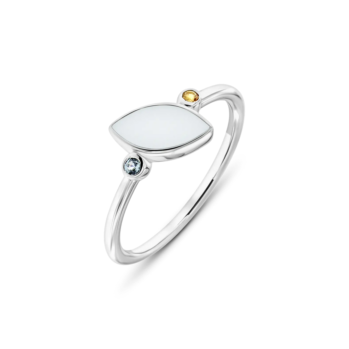 Bague Lina Duo en or blanc, pierre de lait maternel en navette et deux pierres de naissance