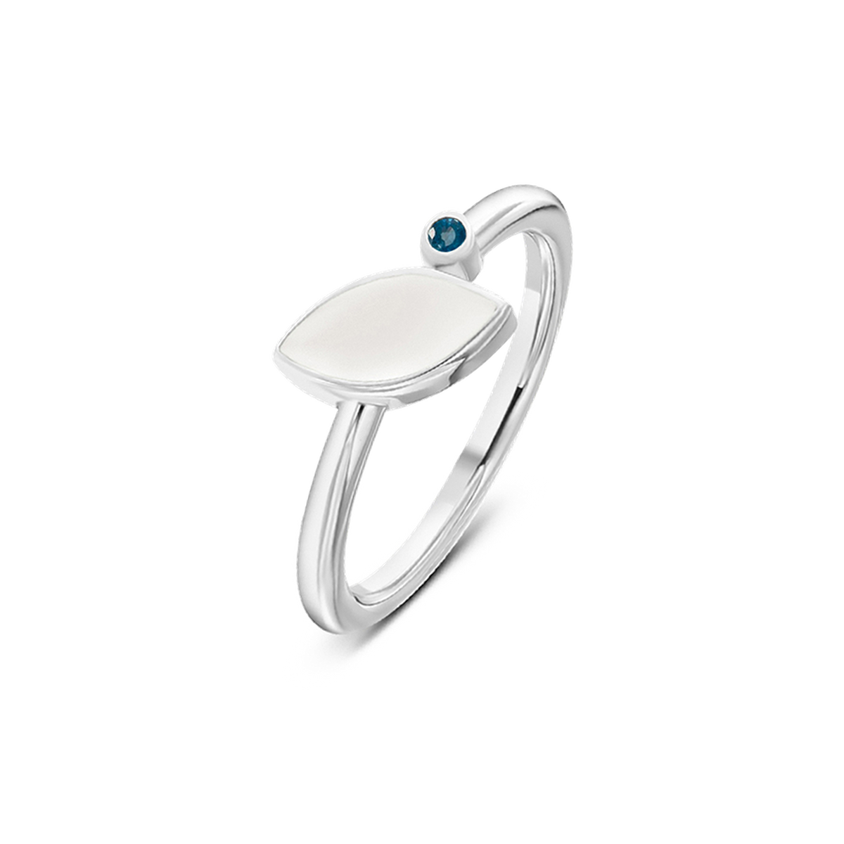 Bague Lina en argent, pierre de lait maternel en navette et pierre de naissance saphir