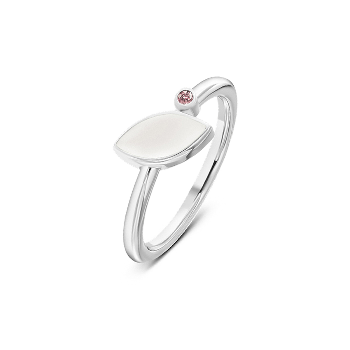 Bague Lina en argent, pierre de lait maternel en navette et pierre de naissance morganite