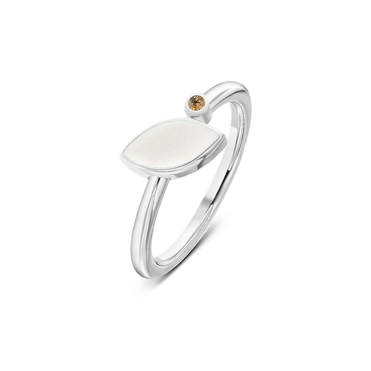 Bague Lina en argent, pierre de lait maternel en navette et pierre de naissance citrine