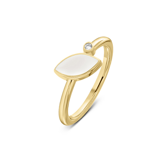 Bague Lina en or jaune, pierre de lait maternel en navette et pierre de naissance zircon clair