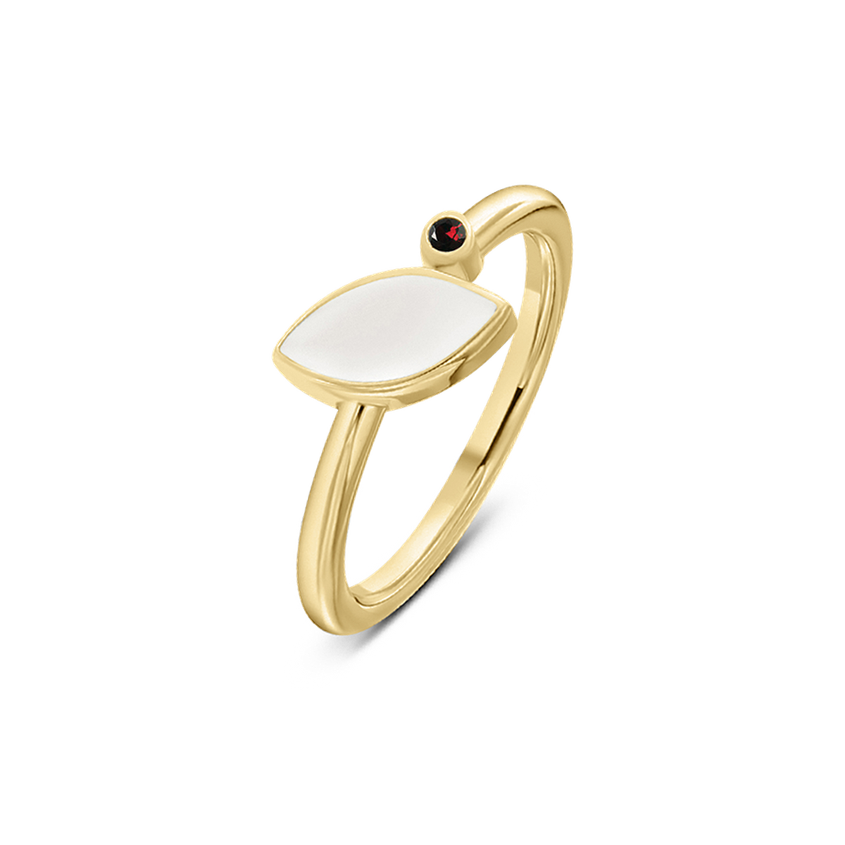 Bague Lina en or jaune, pierre de lait maternel en navette et pierre de naissance grenat