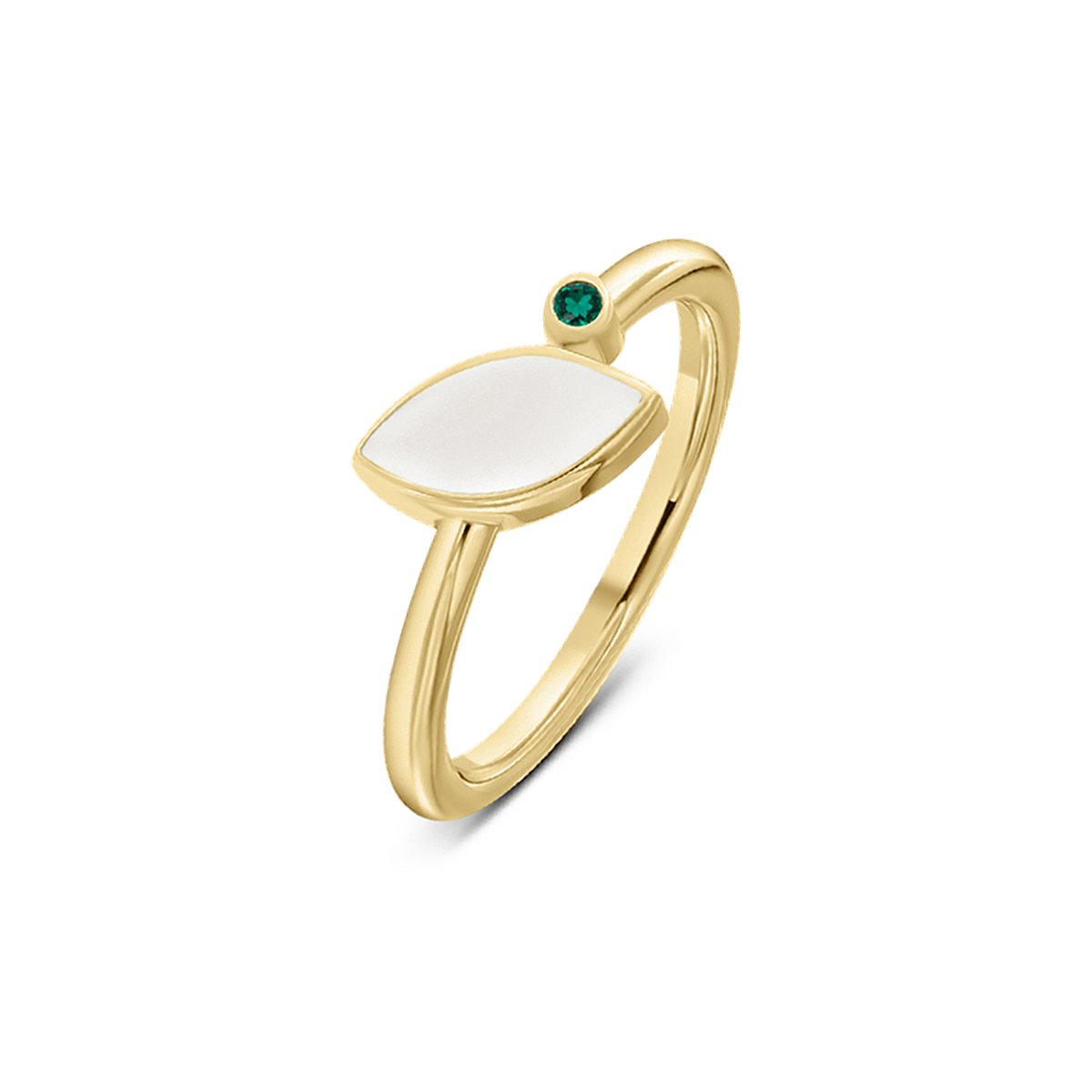 Bague Lina en or jaune, pierre de lait maternel en navette et pierre de naissance émeraude