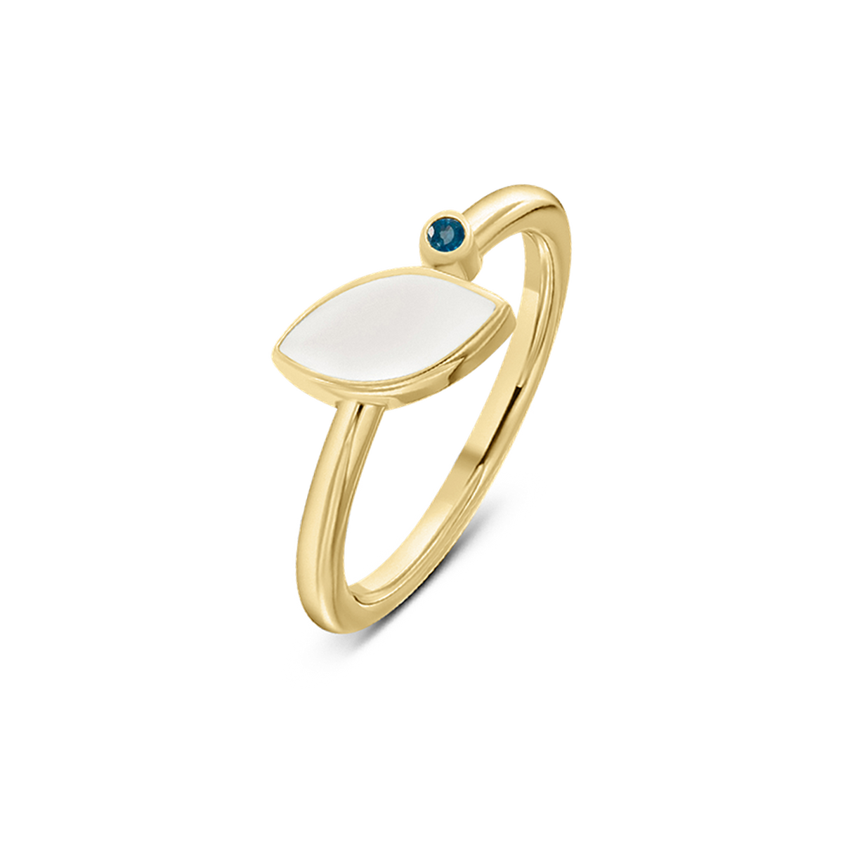 Bague Lina en or jaune, pierre de lait maternel en navette et pierre de naissance saphir