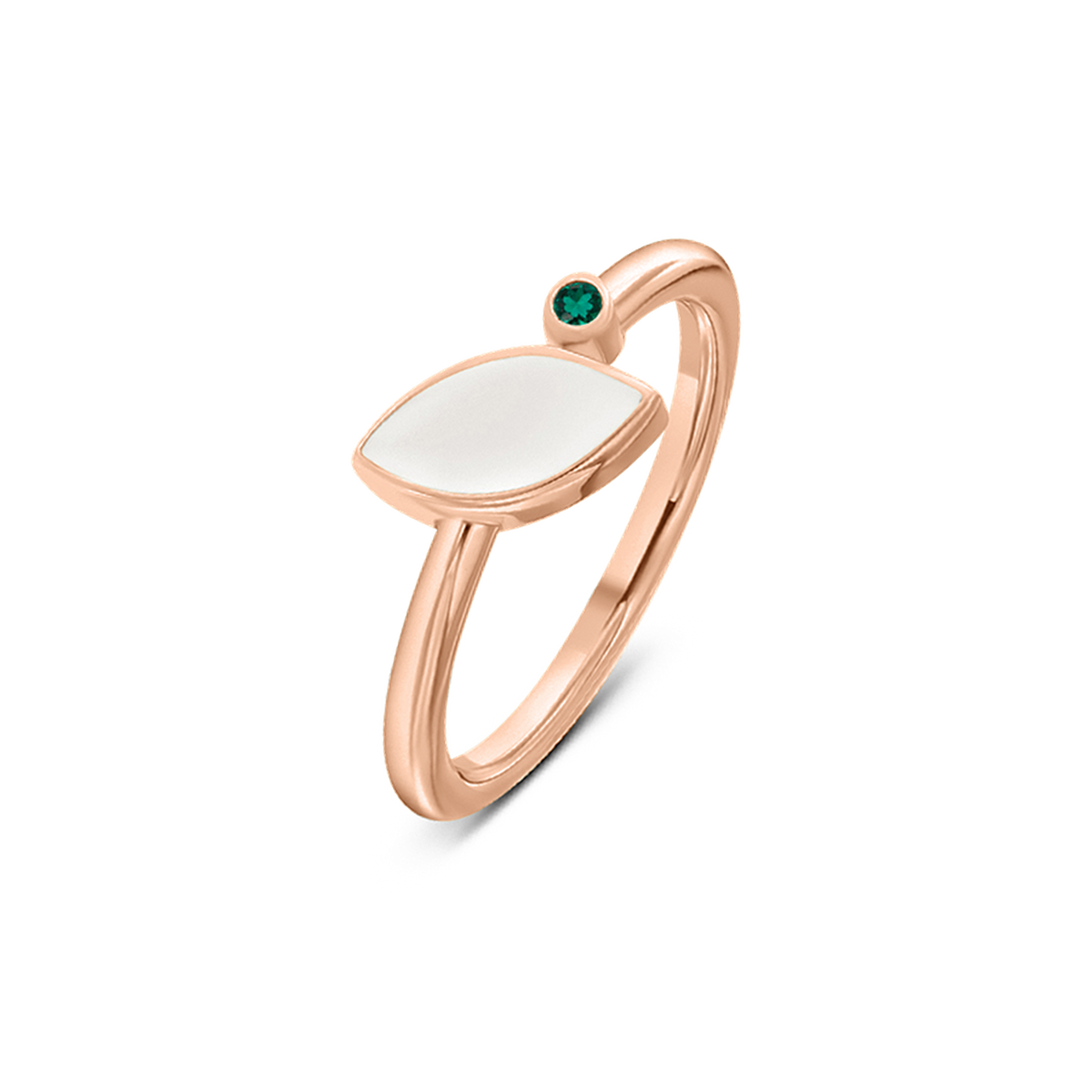 Bague Lina en or rose, pierre de lait maternel en navette et pierre de naissance émeraude