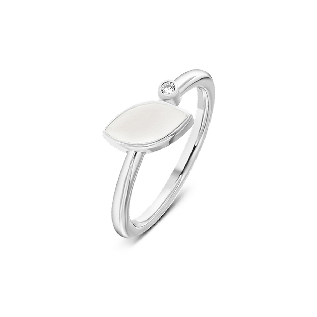 Bague Lina en or blanc, pierre de lait maternel en navette et pierre de naissance zircon clair