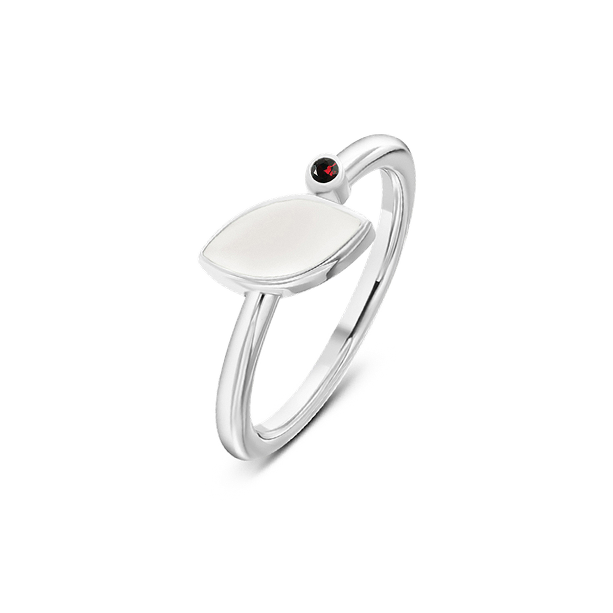 Bague Lina en or blanc, pierre de lait maternel en navette et pierre de naissance grenat