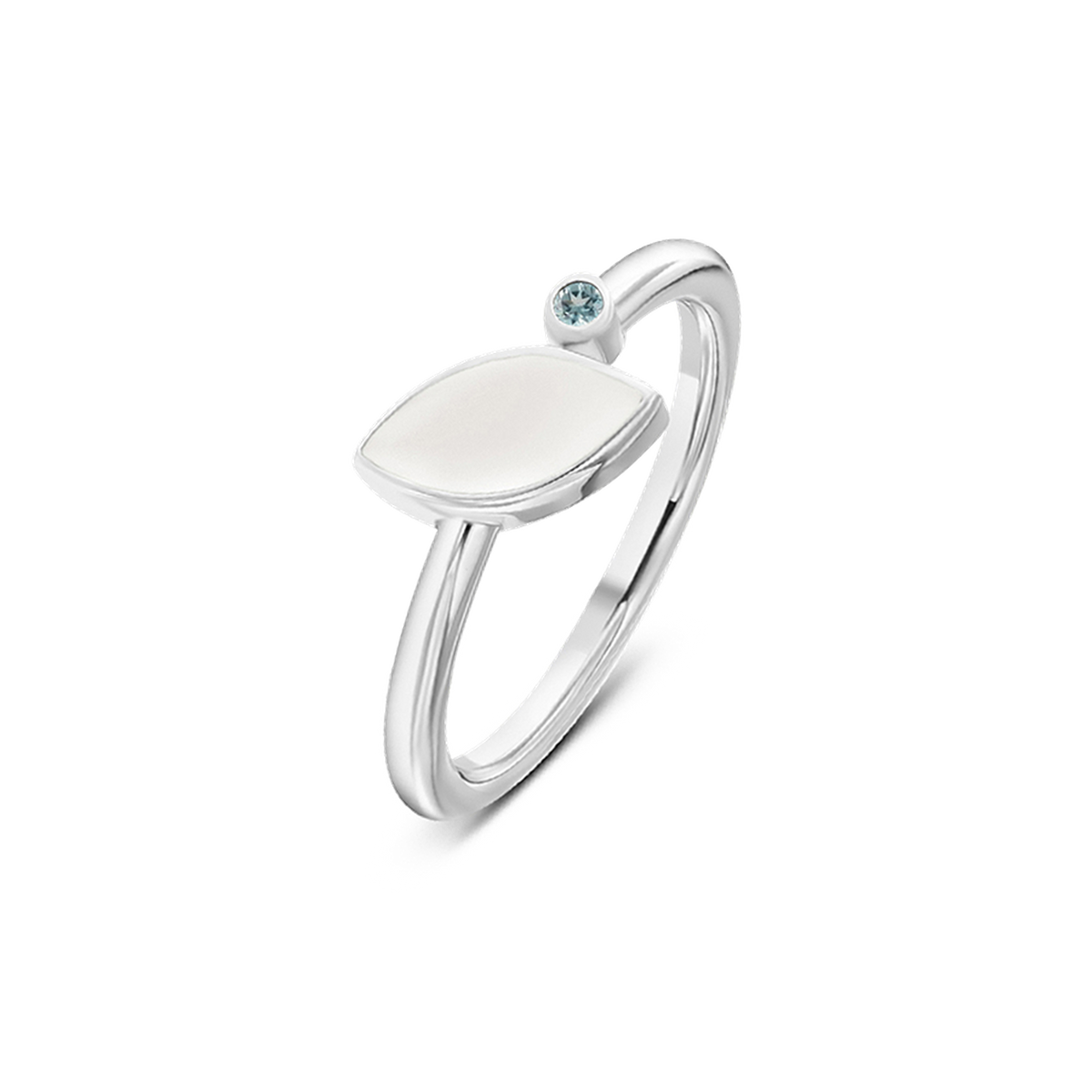 Bague Lina en or blanc, pierre de lait maternel en navette et pierre de naissance aigue-marine
