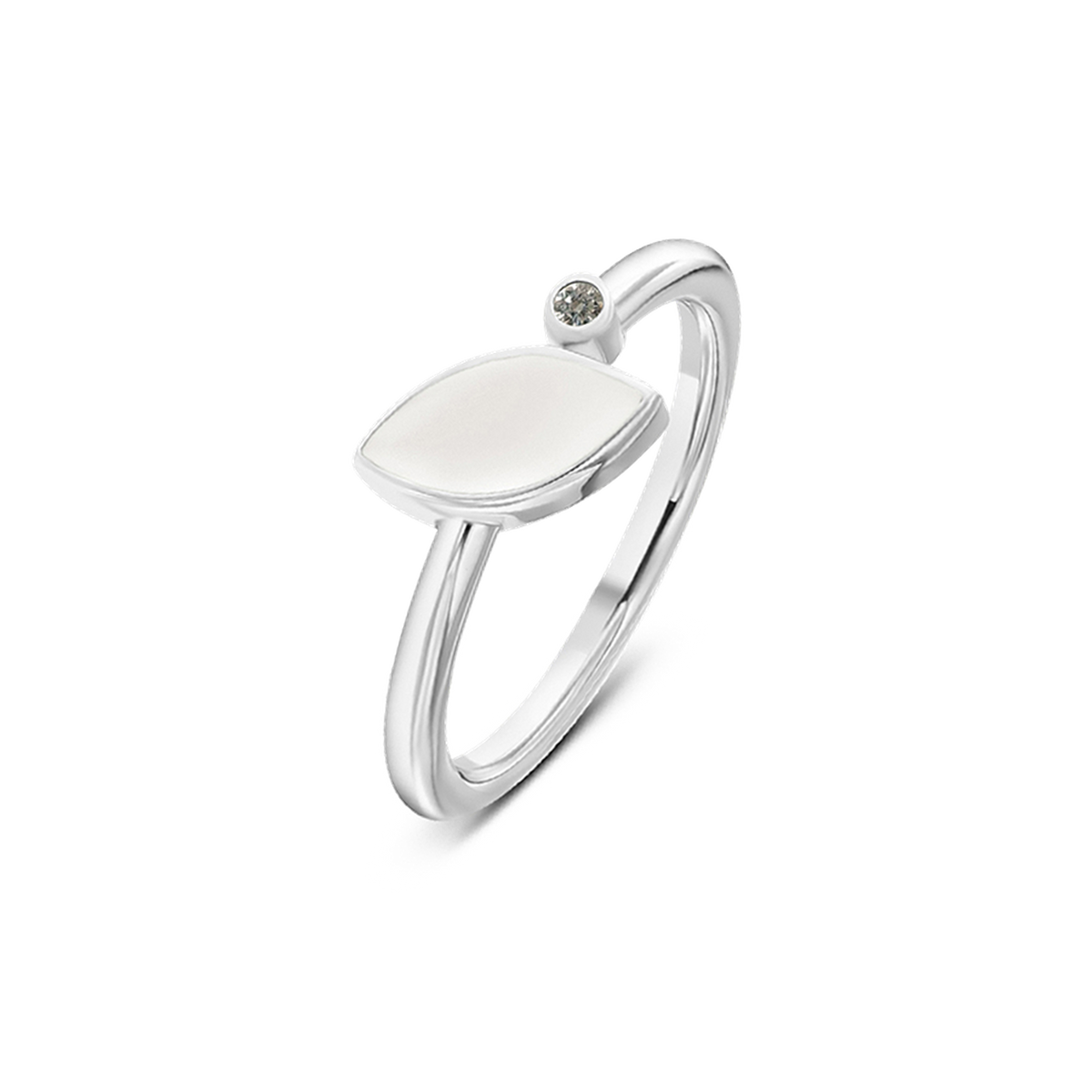 Bague Lina en or blanc, pierre de lait maternel en navette et pierre de naissance diamant de laboratoire
