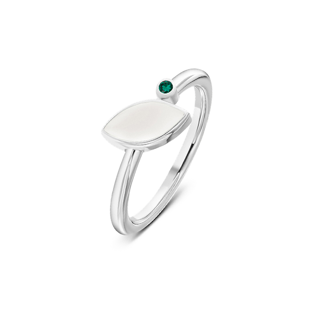 Bague Lina en or blanc, pierre de lait maternel en navette et pierre de naissance émeraude