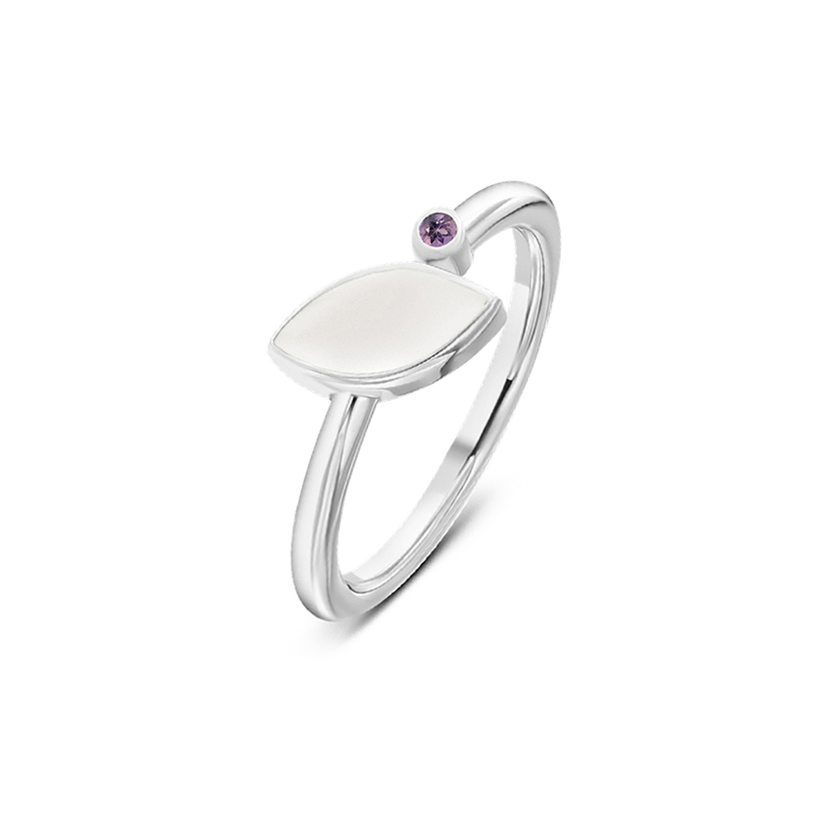 Bague Lina en or blanc, pierre de lait maternel en navette et pierre de naissance améthyste