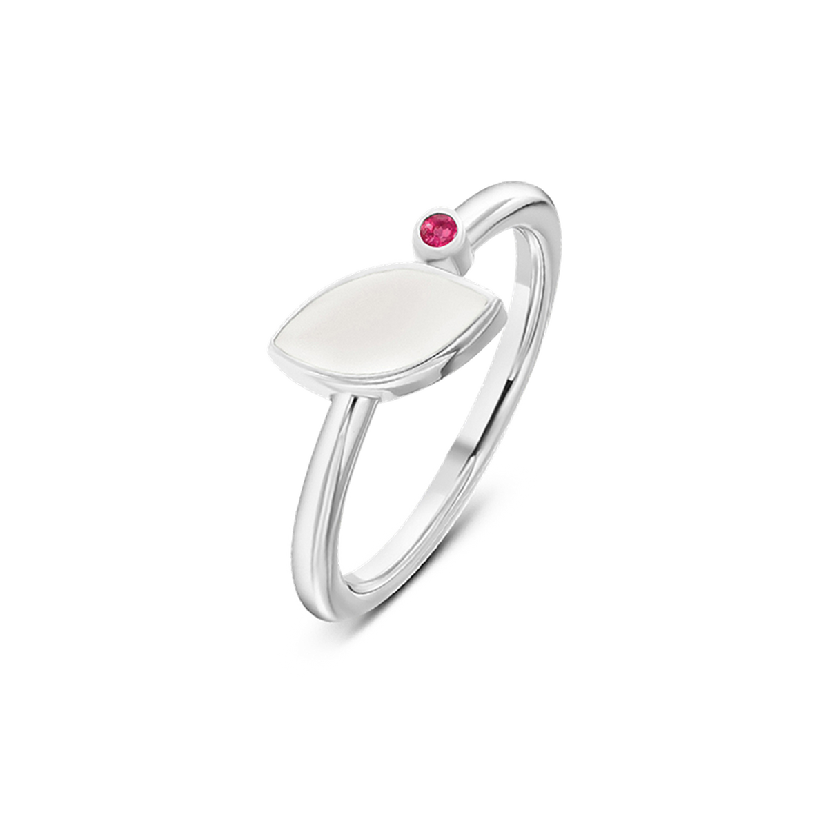 Bague Lina en or blanc, pierre de lait maternel en navette et pierre de naissance rubis