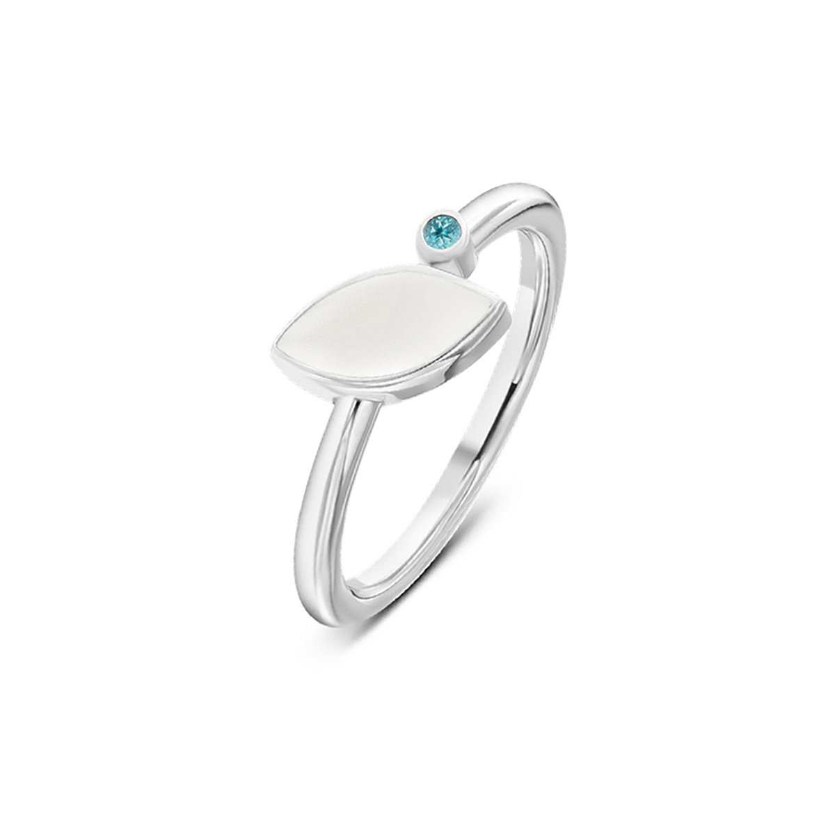 Bague Lina en or blanc, pierre de lait maternel en navette et pierre de naissance topaze bleue