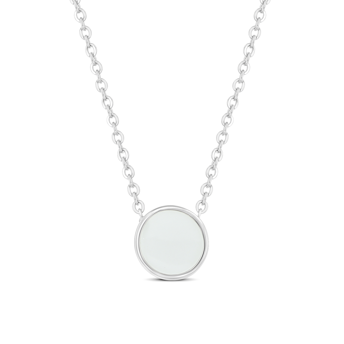 Collier Lis en argent avec pierre ronde de lait maternel en serti clos fixée entre deux chaînes