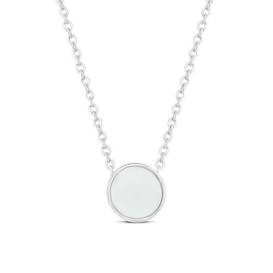 Collier Lis en argent avec pierre ronde de lait maternel en serti clos fixée entre deux chaînes