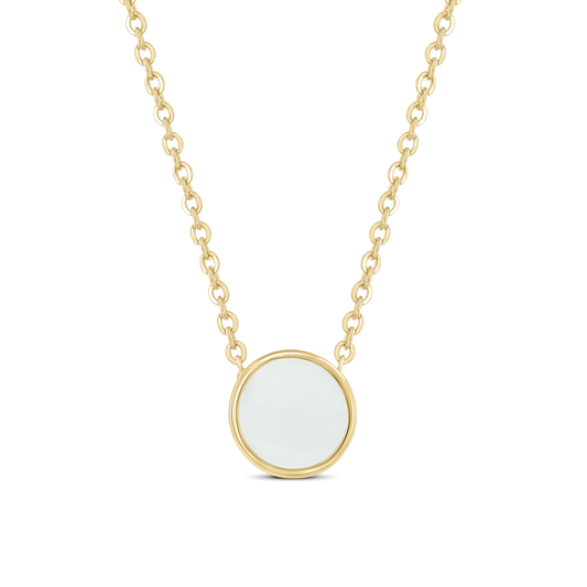 Collier Lis en or jaune avec pierre ronde de lait maternel dans une monture lisse fixée à la chaîne
