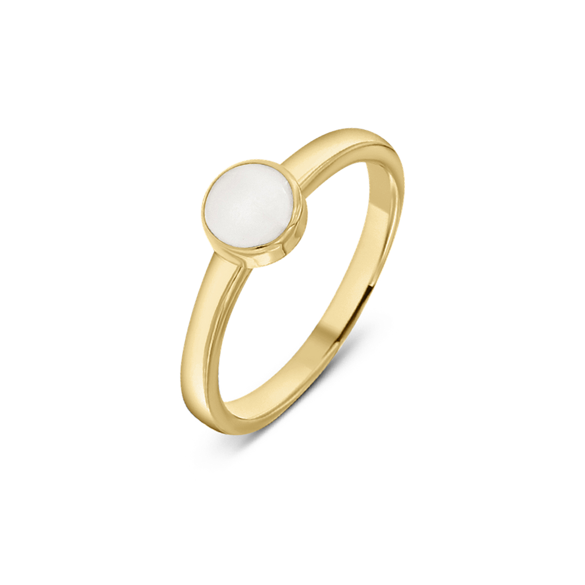 Bague Lis en or jaune, pierre ronde de lait maternel dans un serti surélevé
