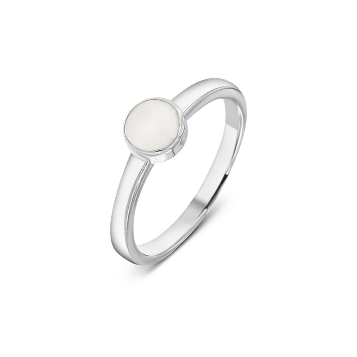 Bague Lis en or blanc, pierre ronde de lait maternel dans un serti surélevé