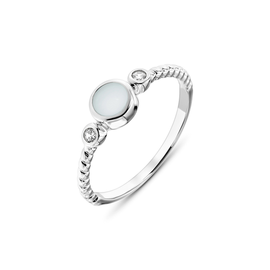 Bague Lot en argent avec pierre ronde de lait maternel entre deux petites pierres de naissance, épaules torsadées