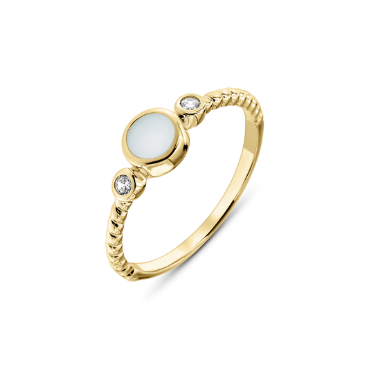 Bague Lot en or jaune, pierre ronde de lait maternel entre deux petites pierres de naissance, anneau torsadé