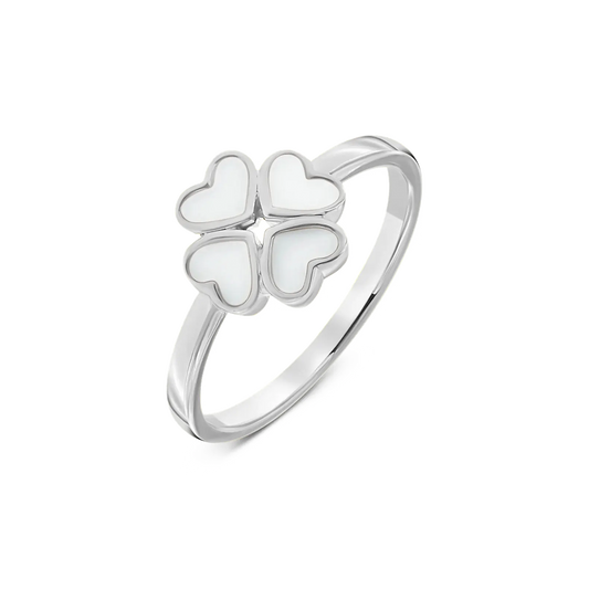 Bague Lucy en argent en forme de trèfle à quatre cœurs remplis de lait maternel