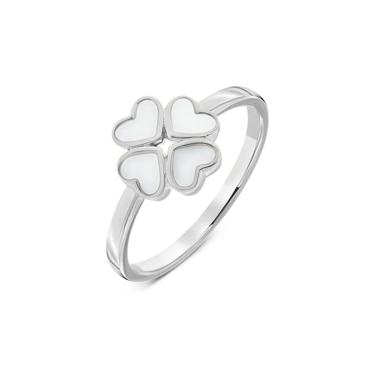 Bague Lucy en or blanc, trèfle à quatre feuilles formé de quatre cœurs en lait maternel