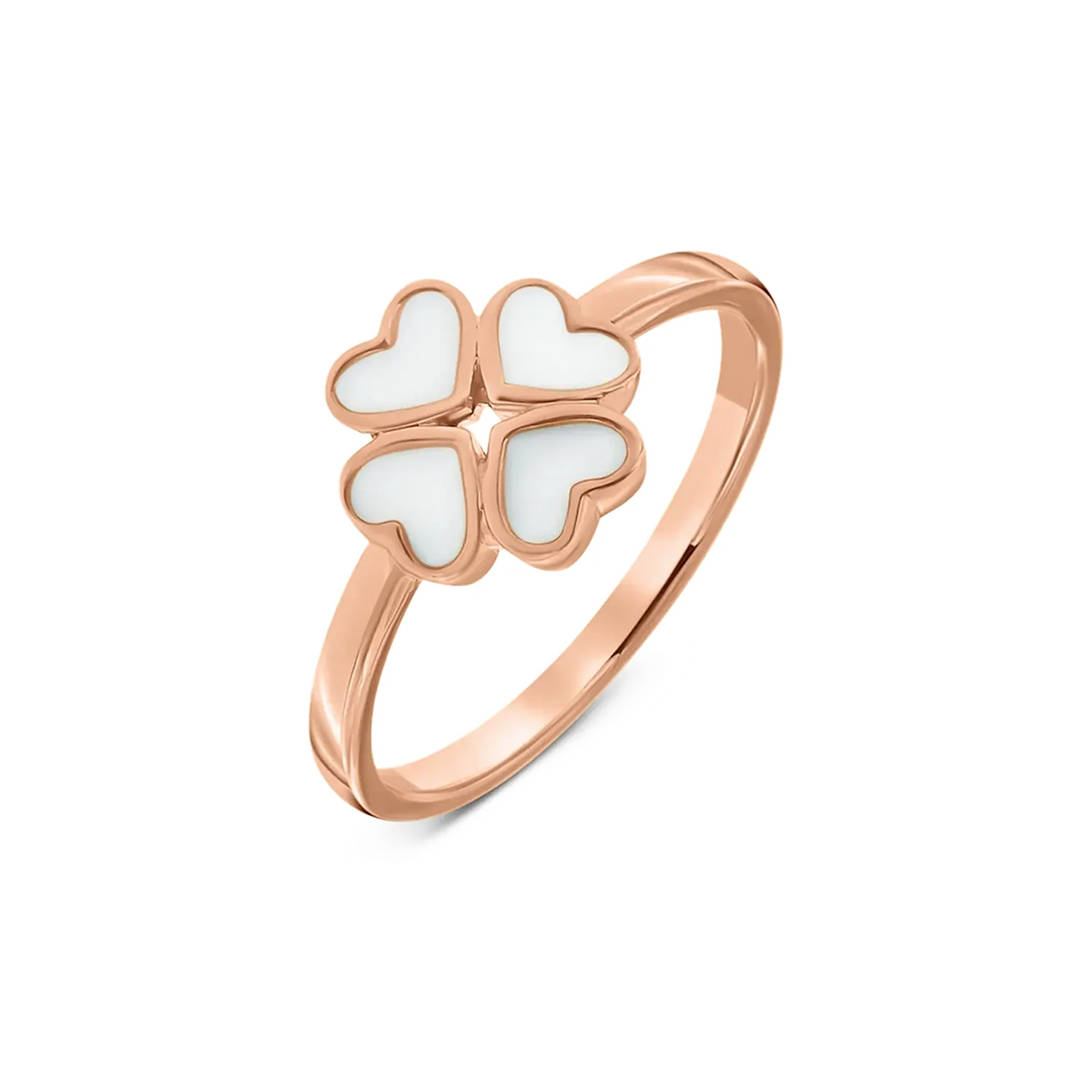 Bague Lucy en or rose, trèfle de quatre cœurs remplis de lait maternel sur anneau lisse