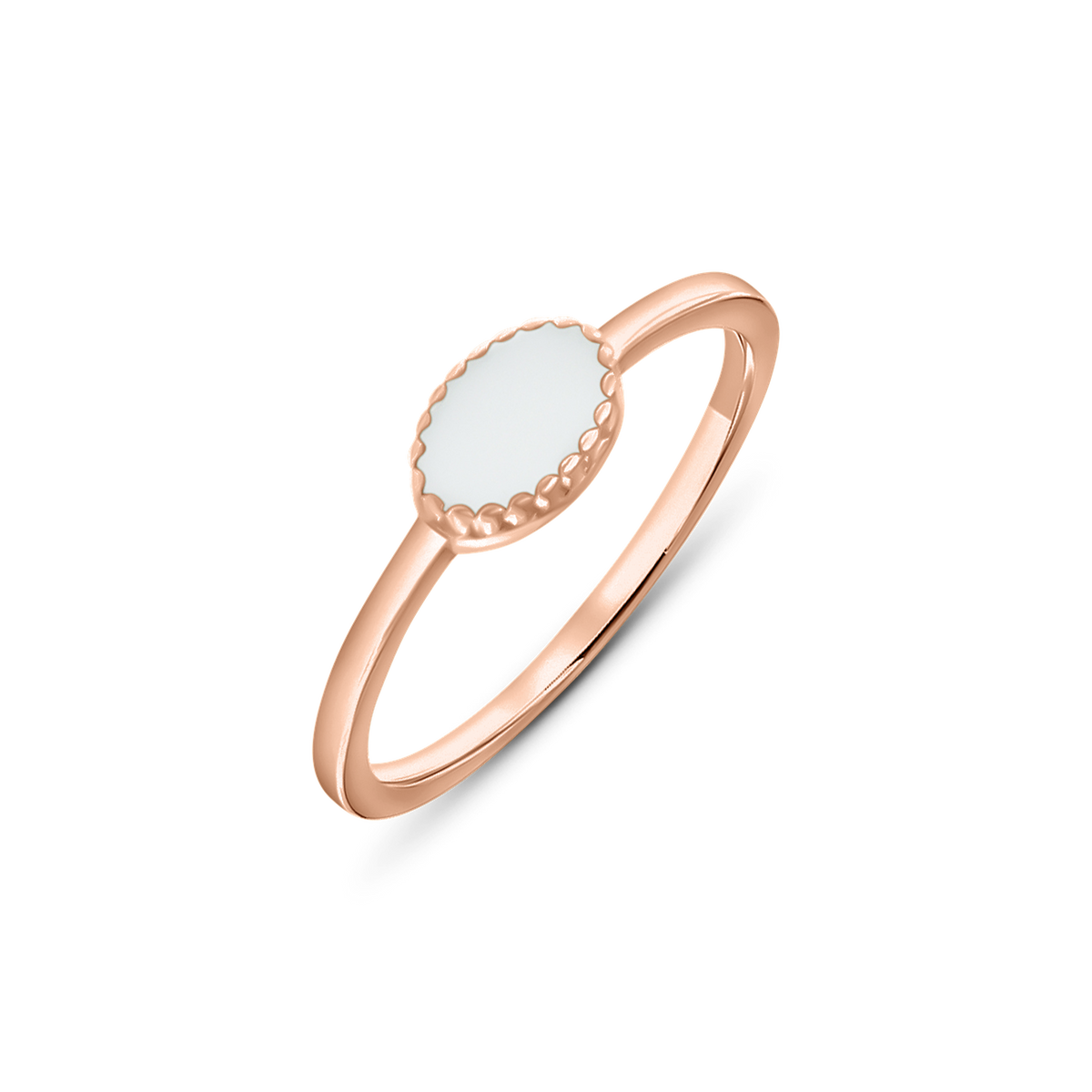 Bague Luna en or rose avec pierre ovale de lait maternel en travers et bord perlé