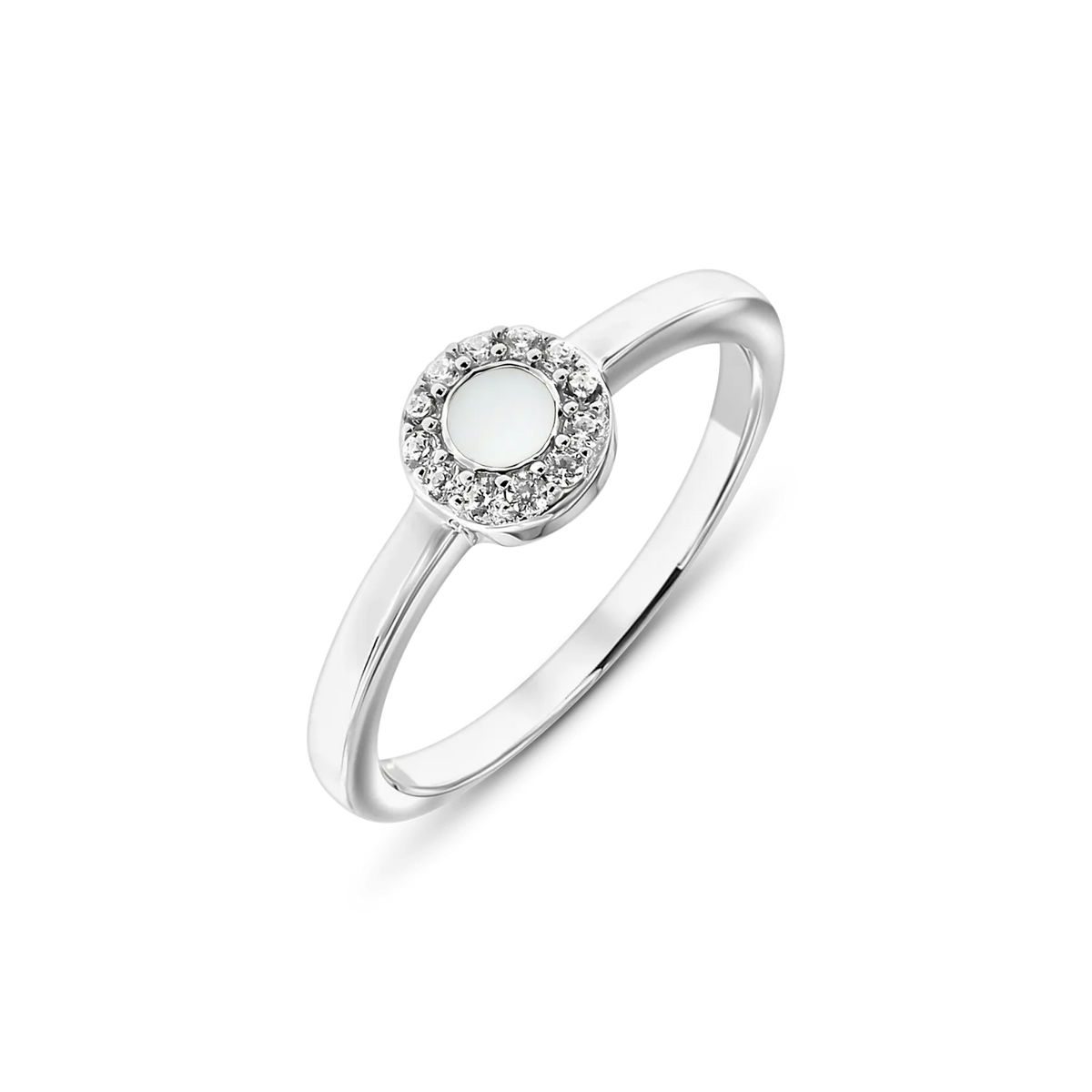 Bague Merel en argent, petite pierre ronde de lait maternel entourée de minuscules pierres claires