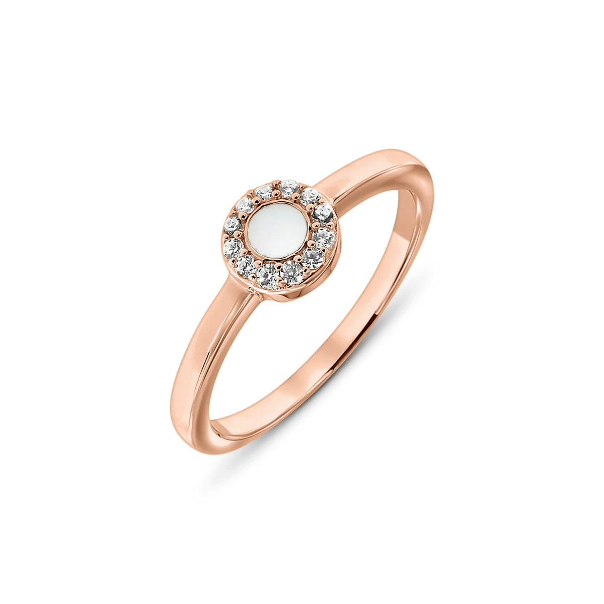 Bague Merel en or rose avec pierre ronde de lait maternel et entourage de petites pierres claires