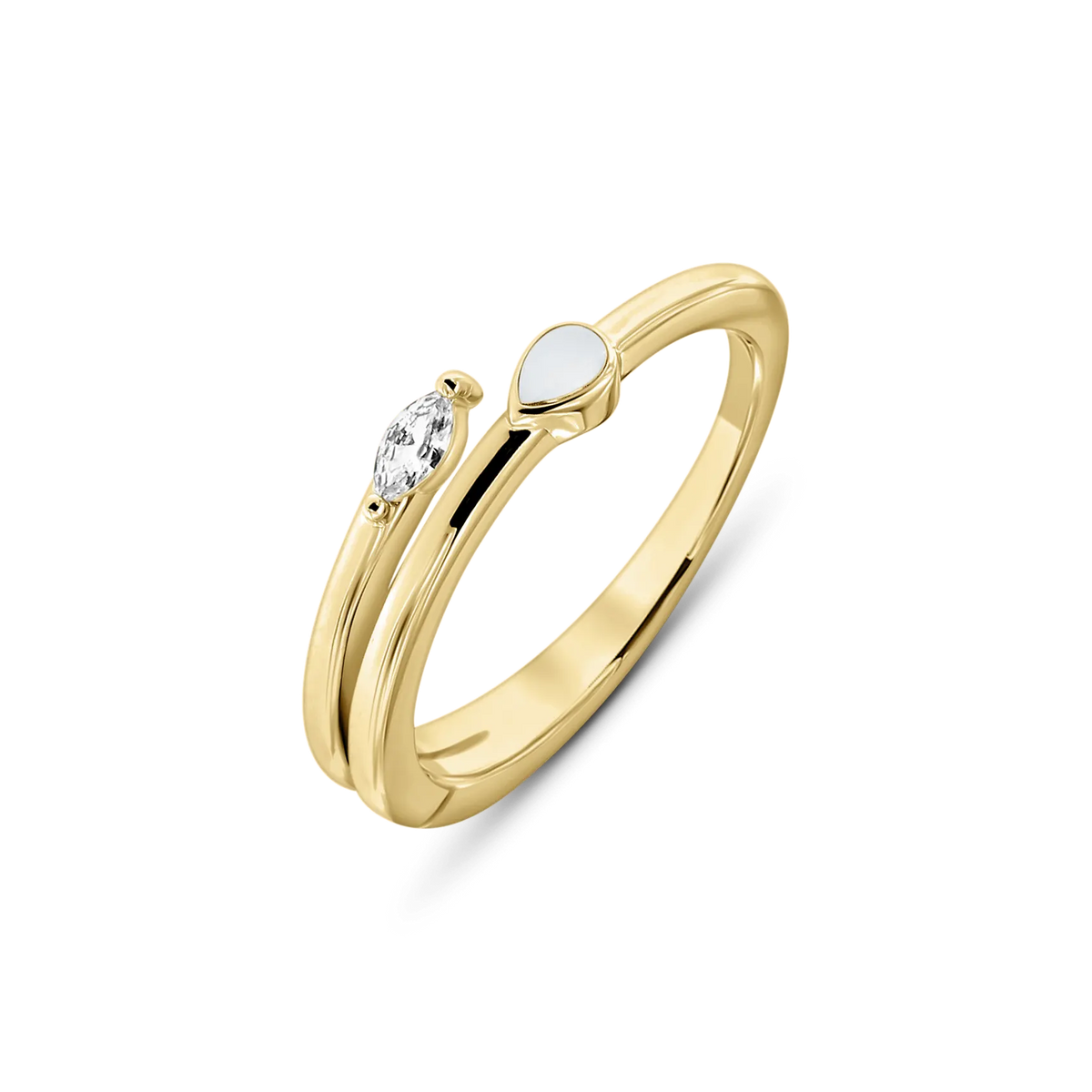 Bague ouverte Naomi en or jaune, goutte de lait maternel face à une pierre navette claire