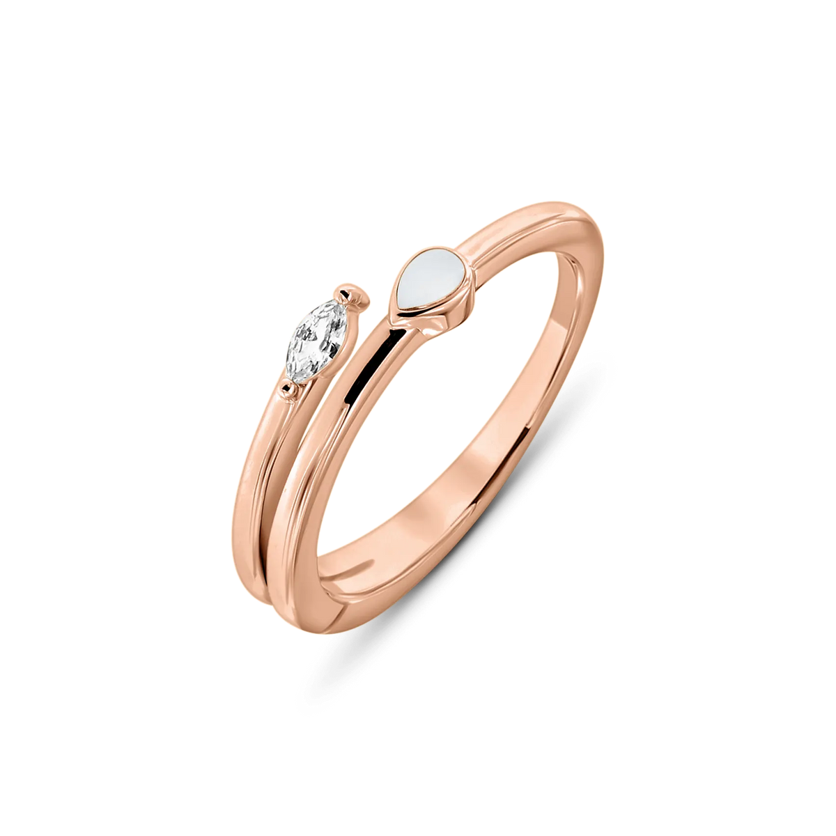 Bague ouverte Naomi en or rose avec goutte de lait maternel et pierre navette claire