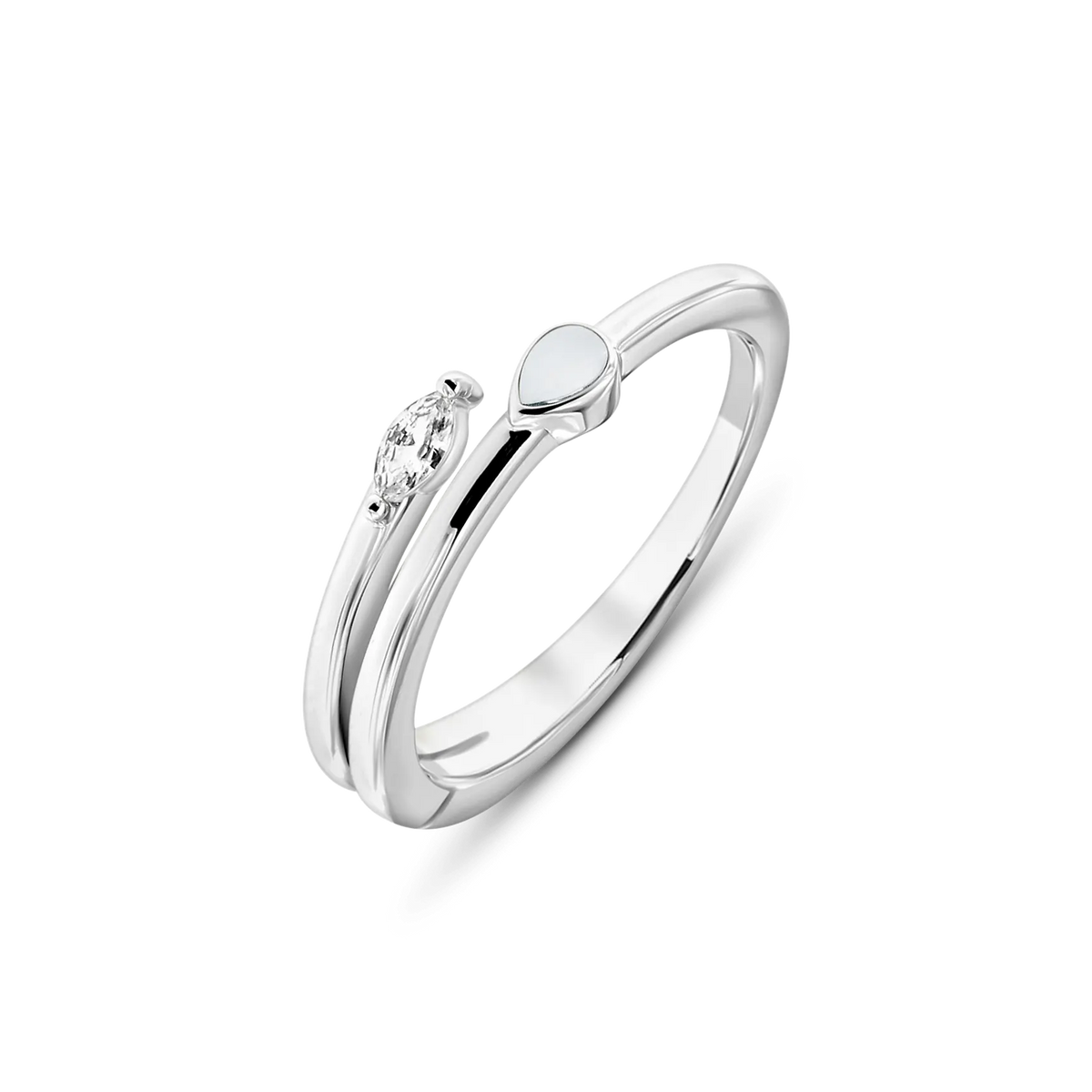 Bague ouverte Naomi en or blanc avec goutte de lait maternel et pierre navette claire