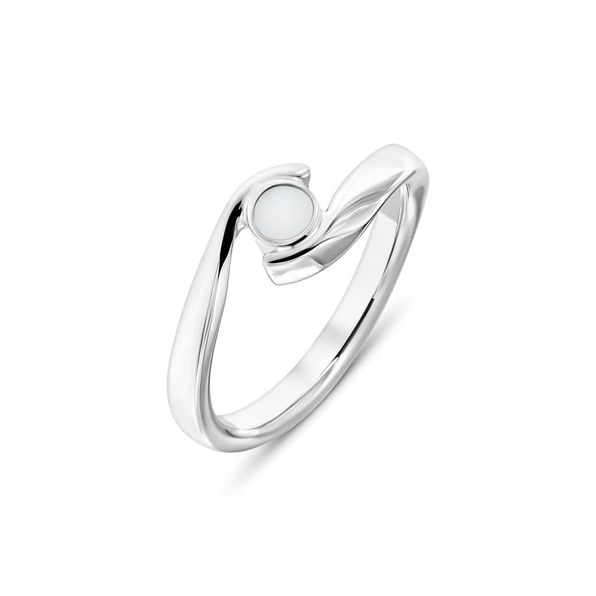 Bague Olivia en or blanc, anneau en courbe enroulé autour d'une pierre ronde de lait maternel