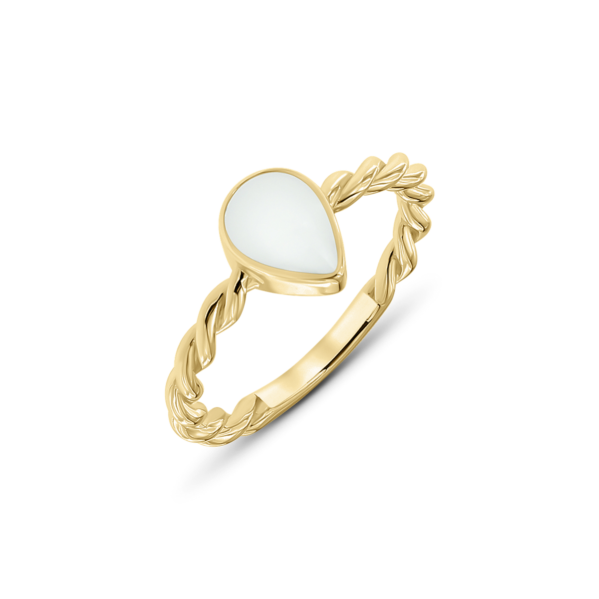 Bague Turning Droplet en or jaune, pierre de lait maternel en forme de goutte sur anneau torsadé