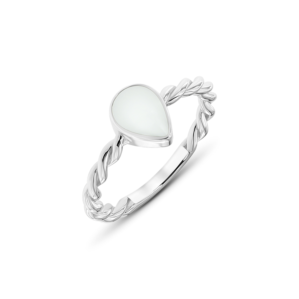 Bague Turning Droplet en or blanc avec goutte de lait maternel sur anneau torsadé