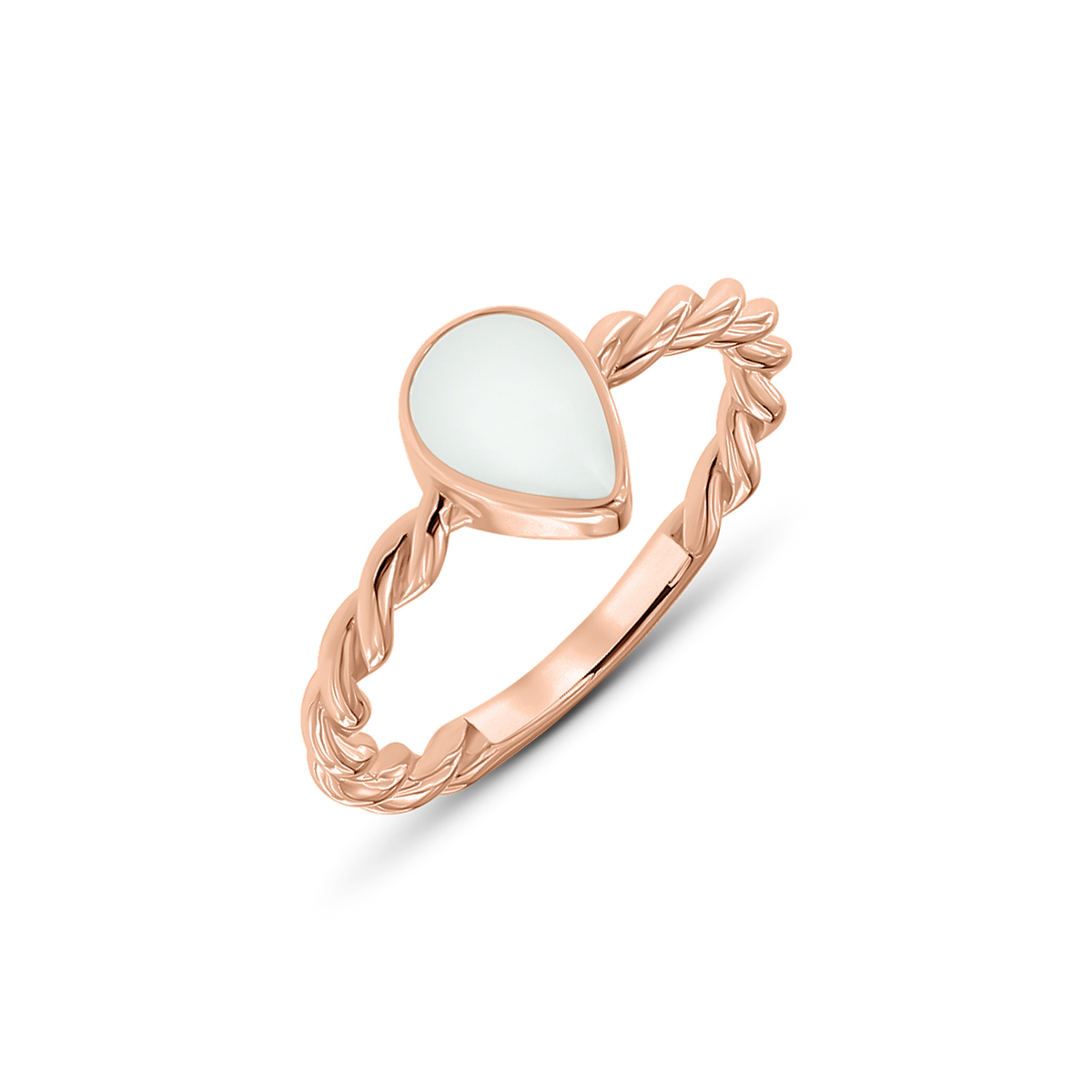 Bague Turning Droplet en or rose avec pierre de lait maternel en goutte sur anneau torsadé